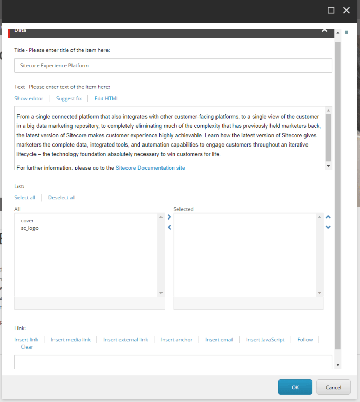 experience editor button field options
